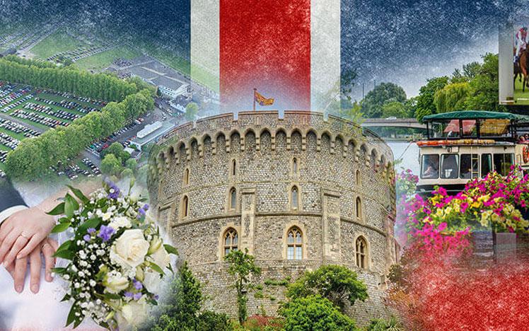 Windsor castle over a British flag